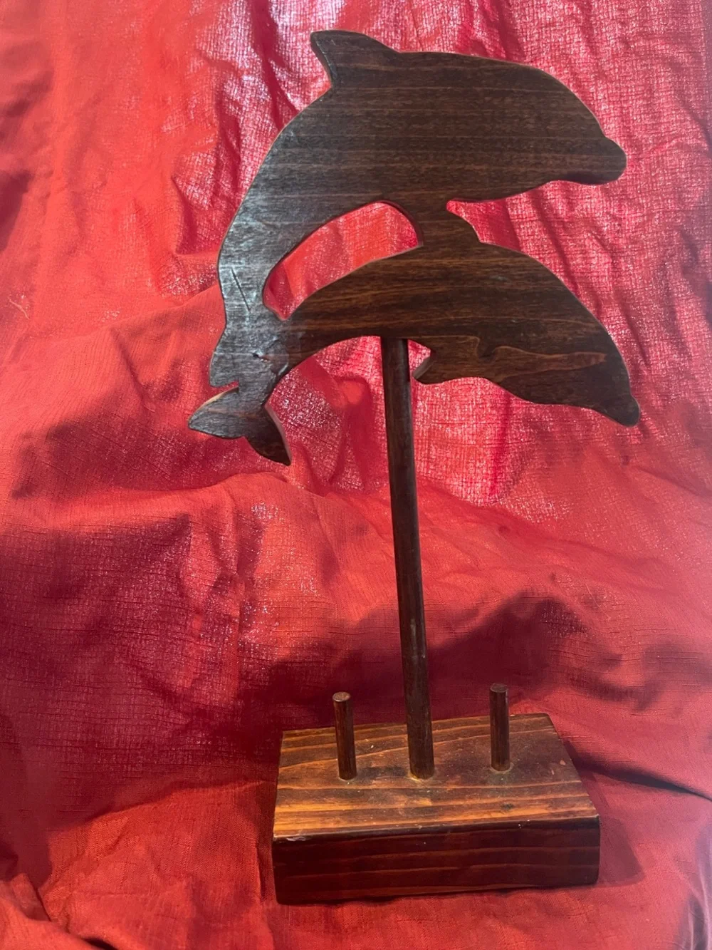 Handcrafted Wooden Dolphin jewelry Display hanger Brown 4 pegs & base project
